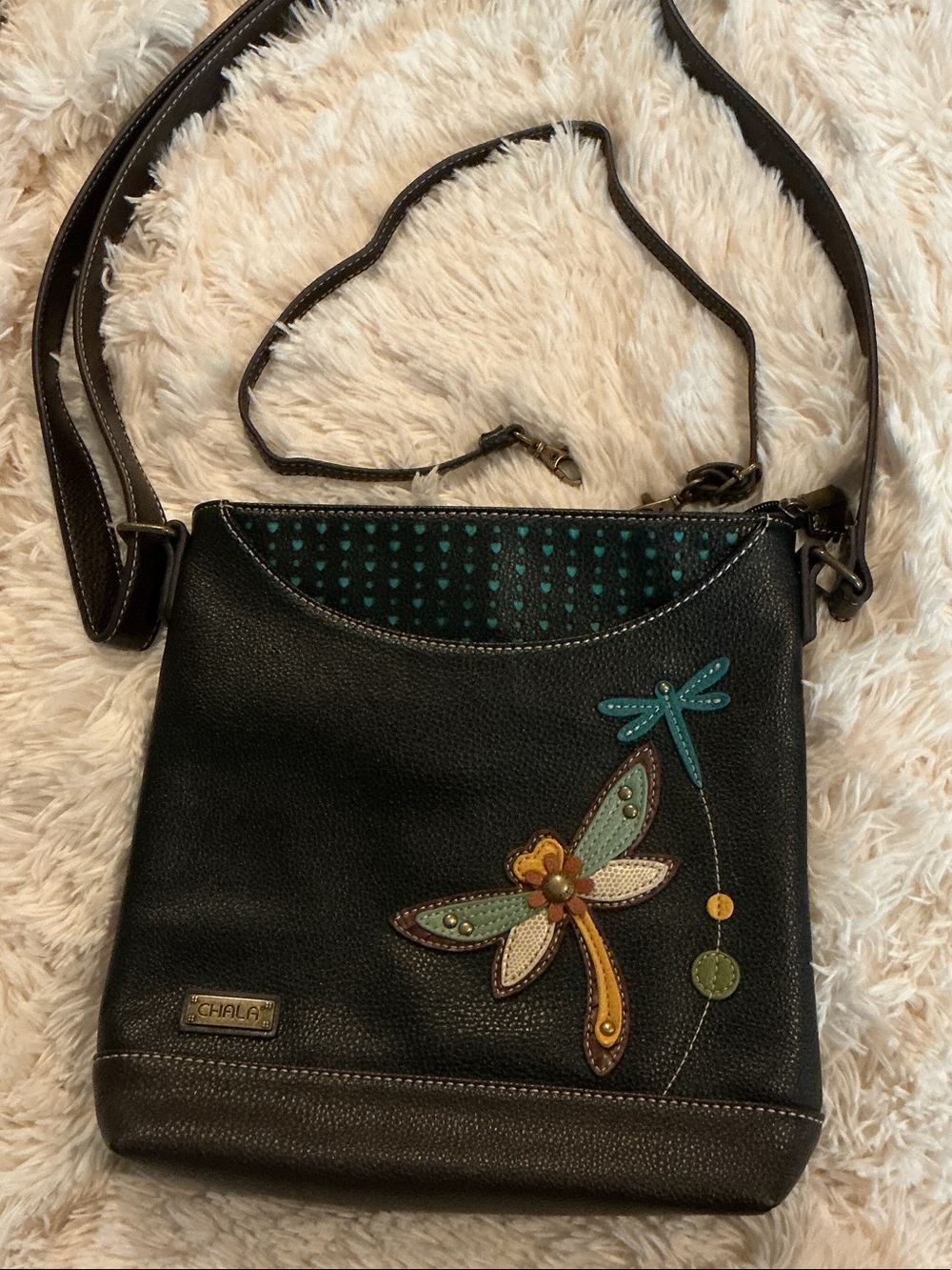 Chala Black vegan Crossbody Bag with Teal, Green and Yellow Dragonfly appliqué